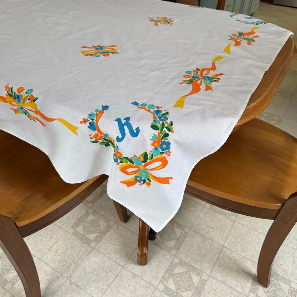 Fabric Painted Floral Tablecloth Monogram K Yellow Orange Cottage Core 54x68